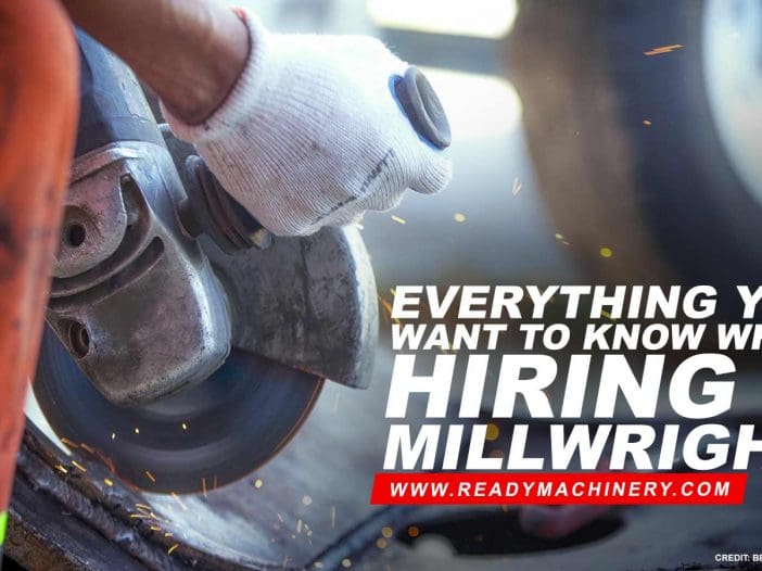 A close-up of a person's hand wearing a white glove, holding a power tool that appears to be a grinder. Sparks are flying from the tool as it makes contact with a metal surface. The background is slightly blurred, suggesting an industrial setting. Text overlays the image, stating "EVERYTHING YOU WANT TO KNOW WHEN HIRING A MILLWRIGHT" along with a website URL.