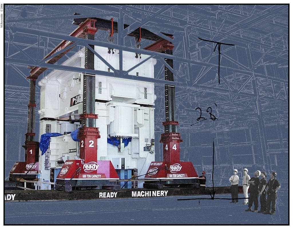A large industrial machine is prominently displayed, featuring a white and red structure with multiple hydraulic jacks labeled "1" through "4." The machine has a significant height, indicated by a measurement of 28 feet. In the foreground, a group of workers in safety helmets and attire observe the machinery. The background shows a skeletal framework of a building, suggesting an industrial setting. The overall color scheme includes shades of blue and gray, enhancing the technical feel of the image.